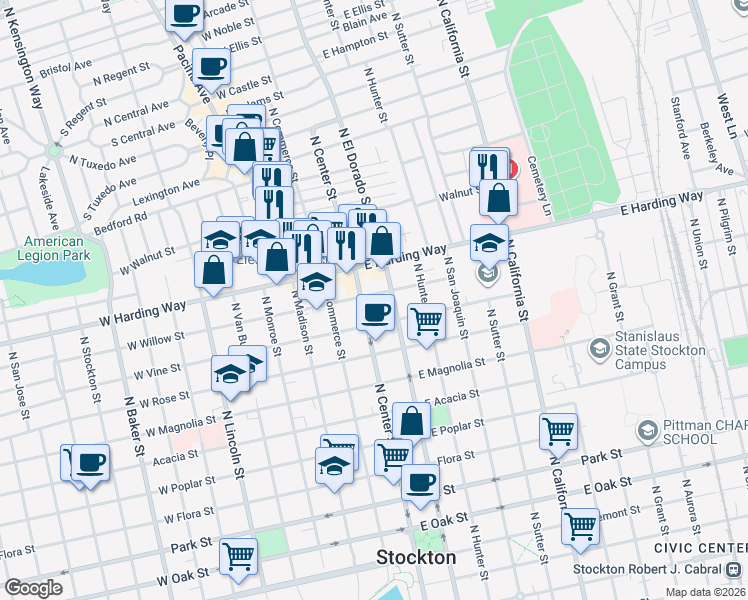 map of restaurants, bars, coffee shops, grocery stores, and more near 11 East Willow Street in Stockton