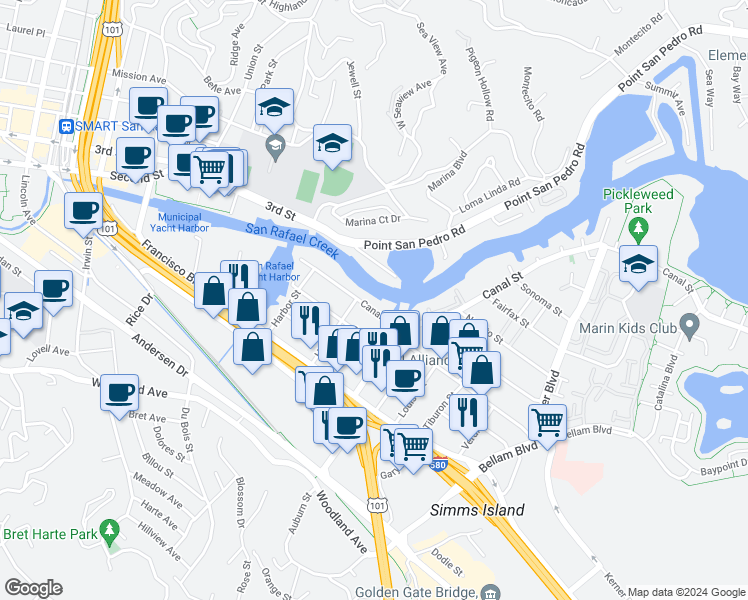 map of restaurants, bars, coffee shops, grocery stores, and more near 460 Canal Street in San Rafael