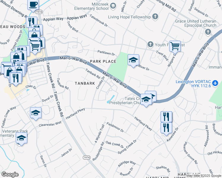map of restaurants, bars, coffee shops, grocery stores, and more near 3900 Crosby Drive in Lexington