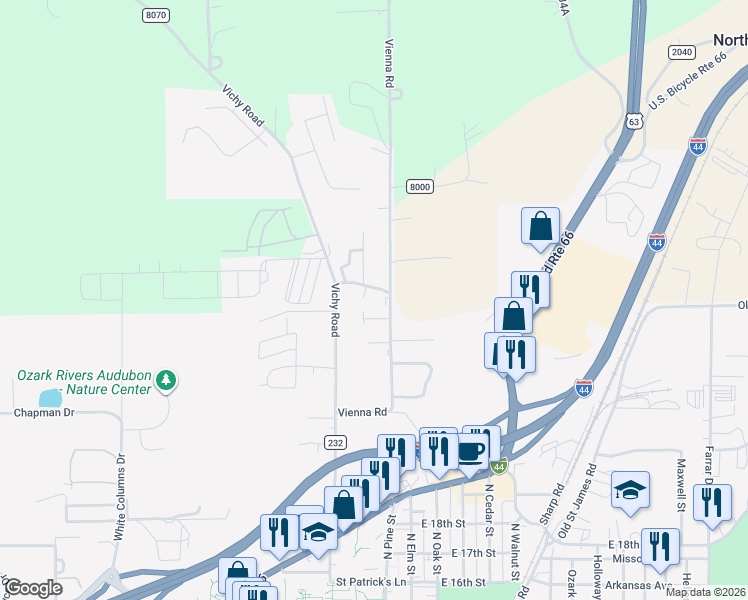 map of restaurants, bars, coffee shops, grocery stores, and more near 205 Roseglade in Rolla