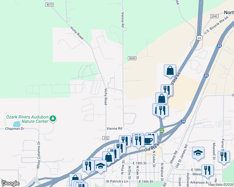 map of restaurants, bars, coffee shops, grocery stores, and more near 2302 Coplin Court in Rolla