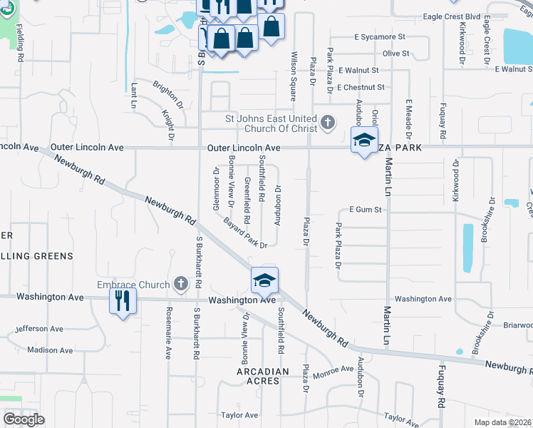 map of restaurants, bars, coffee shops, grocery stores, and more near 720 Greenfield Road in Evansville