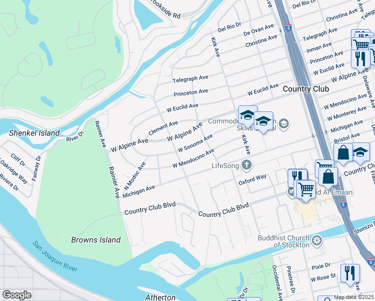 map of restaurants, bars, coffee shops, grocery stores, and more near 3328 West Sonoma Avenue in Stockton