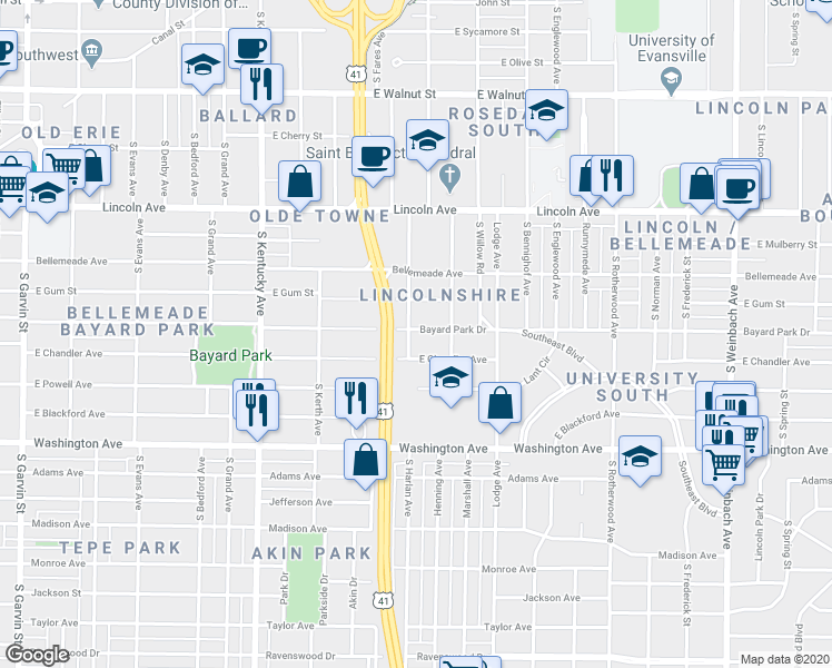 map of restaurants, bars, coffee shops, grocery stores, and more near 800 South Harlan Avenue in Evansville