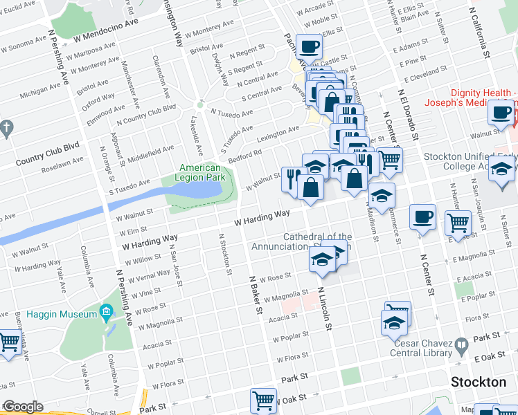 map of restaurants, bars, coffee shops, grocery stores, and more near 1525 North Edison Street in Stockton