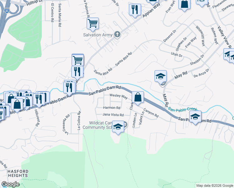 map of restaurants, bars, coffee shops, grocery stores, and more near 4350 San Pablo Dam Road in El Sobrante