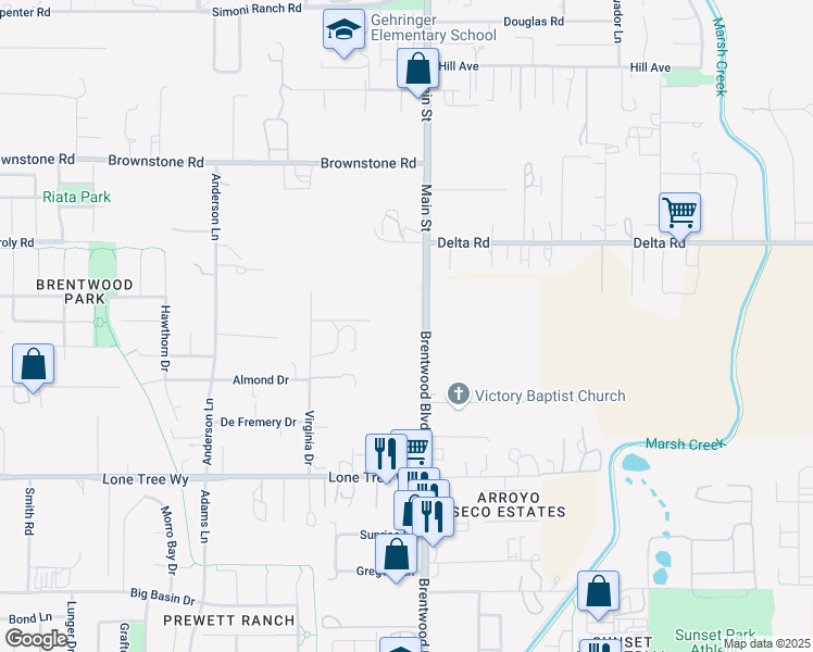 map of restaurants, bars, coffee shops, grocery stores, and more near 6181 Brentwood Boulevard in Brentwood