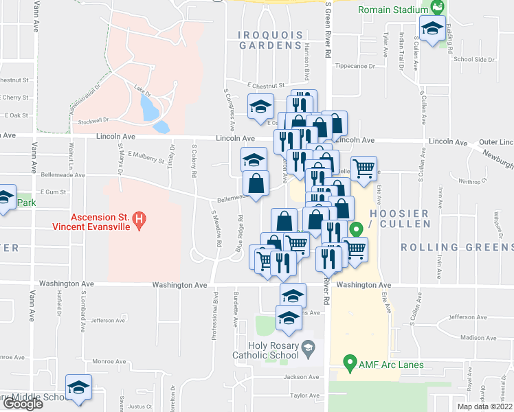 map of restaurants, bars, coffee shops, grocery stores, and more near 4405 Bellemeade Avenue in Evansville
