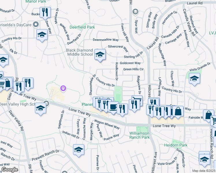 map of restaurants, bars, coffee shops, grocery stores, and more near 4841 Country Hills Drive in Antioch