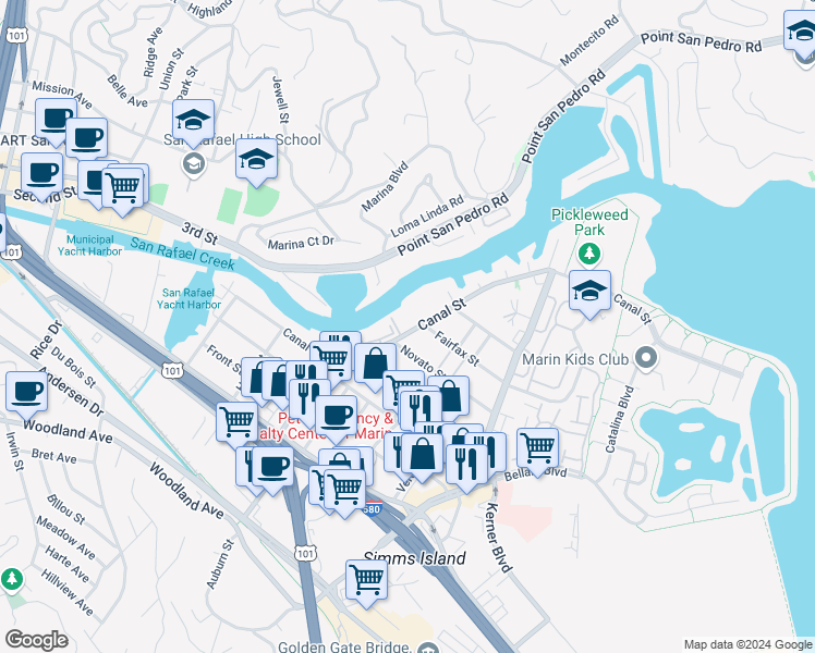 map of restaurants, bars, coffee shops, grocery stores, and more near 260 Canal Street in San Rafael