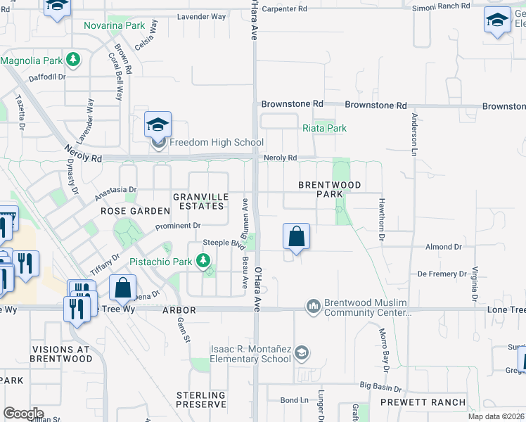 map of restaurants, bars, coffee shops, grocery stores, and more near 2981 Atherton Place in Brentwood