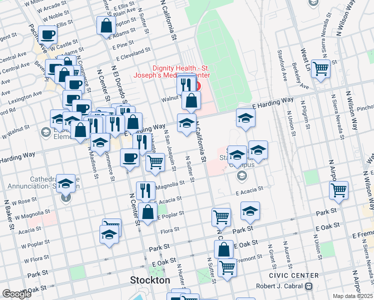 map of restaurants, bars, coffee shops, grocery stores, and more near 2525 Gold Brook Drive in Stockton