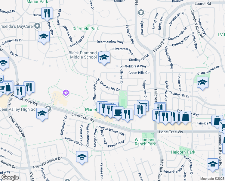 map of restaurants, bars, coffee shops, grocery stores, and more near 4841 Country Hills Drive in Antioch