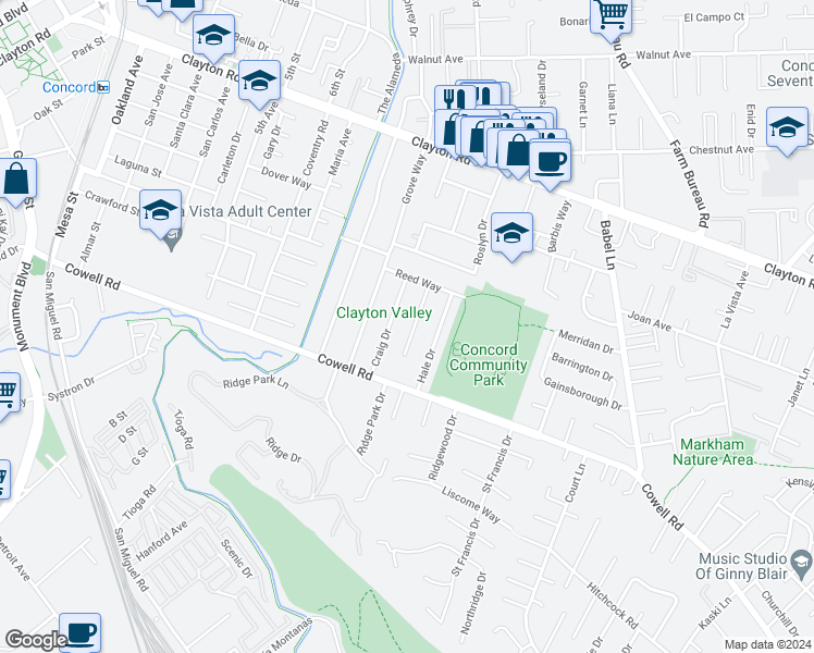 map of restaurants, bars, coffee shops, grocery stores, and more near 1249 Glenwood Drive in Concord