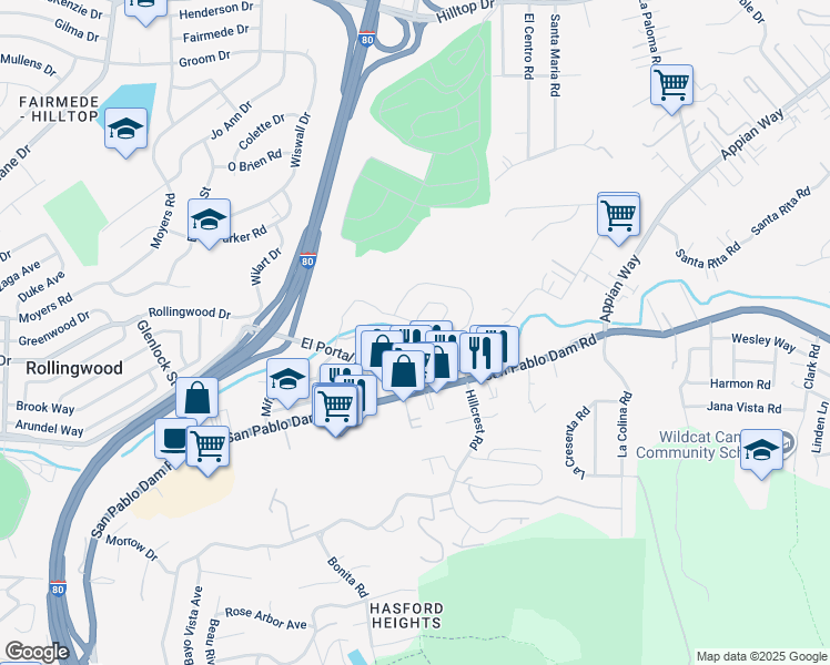 map of restaurants, bars, coffee shops, grocery stores, and more near 3786 Vía Verdi in Richmond