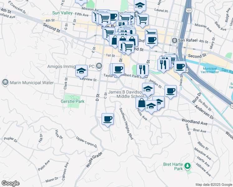 map of restaurants, bars, coffee shops, grocery stores, and more near 25 Octavia Street in San Rafael