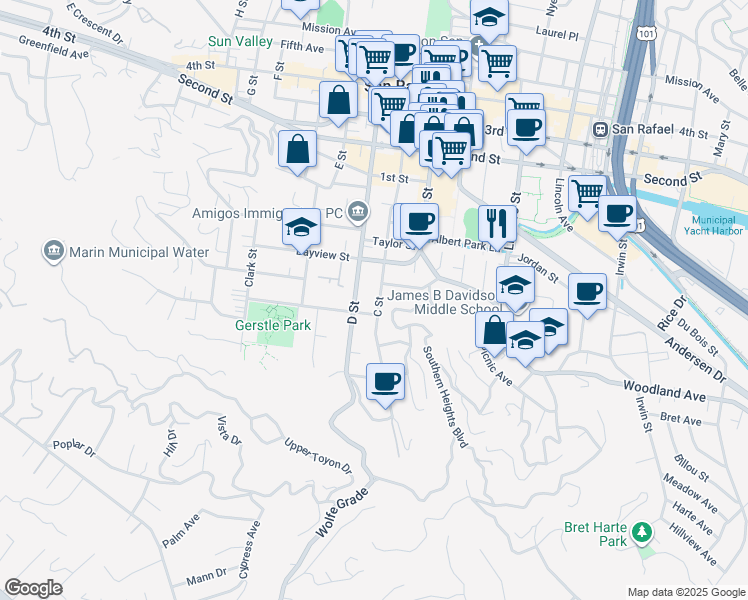 map of restaurants, bars, coffee shops, grocery stores, and more near 318A C Street in San Rafael
