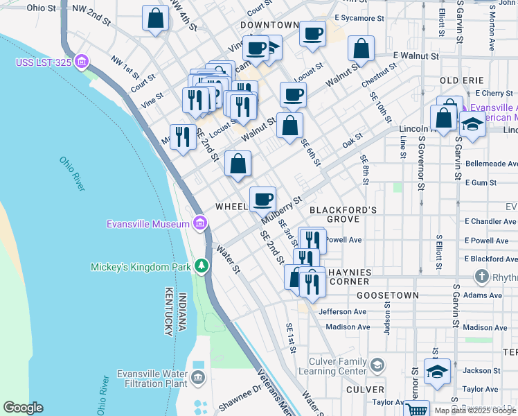 map of restaurants, bars, coffee shops, grocery stores, and more near 223 Oak Street in Evansville