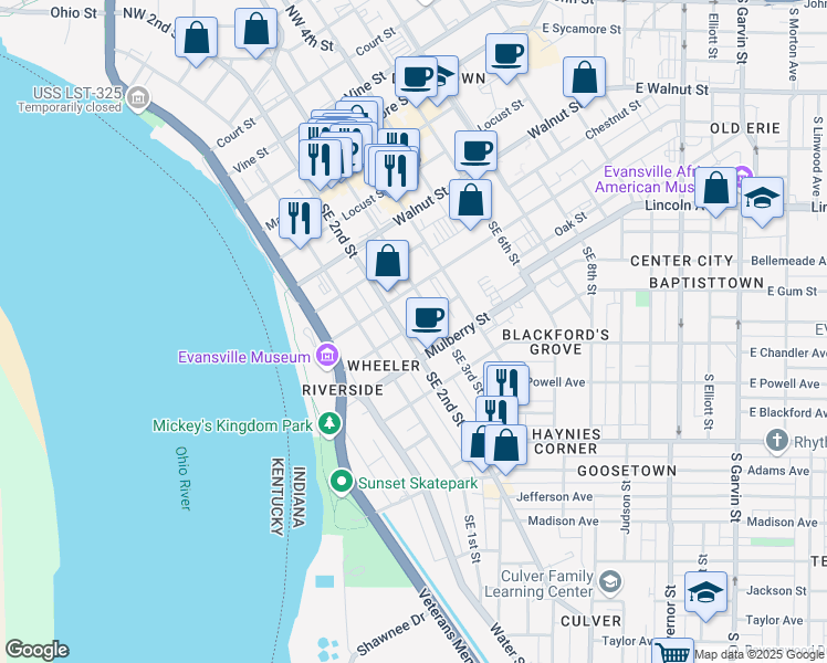 map of restaurants, bars, coffee shops, grocery stores, and more near 420 Southeast 2nd Street in Evansville