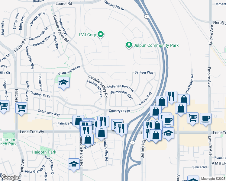 map of restaurants, bars, coffee shops, grocery stores, and more near 5536 Plumbridge Way in Antioch