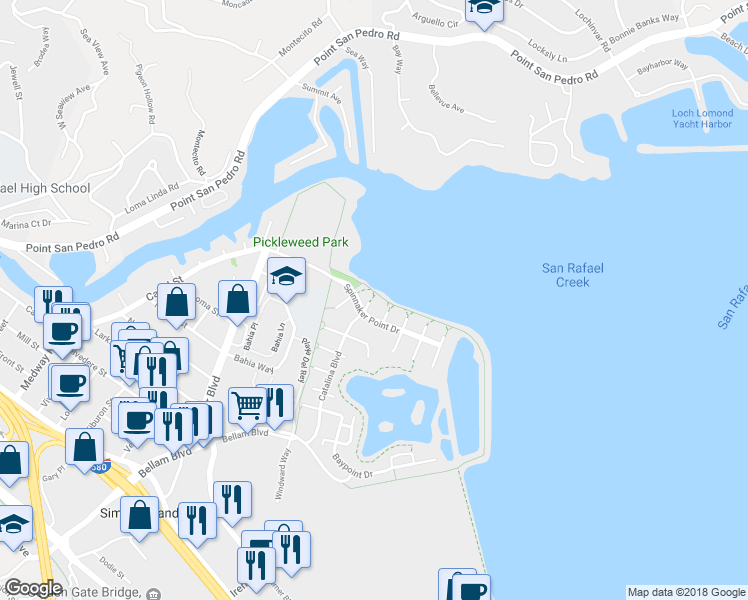 map of restaurants, bars, coffee shops, grocery stores, and more near 22 Salem Cove in San Rafael