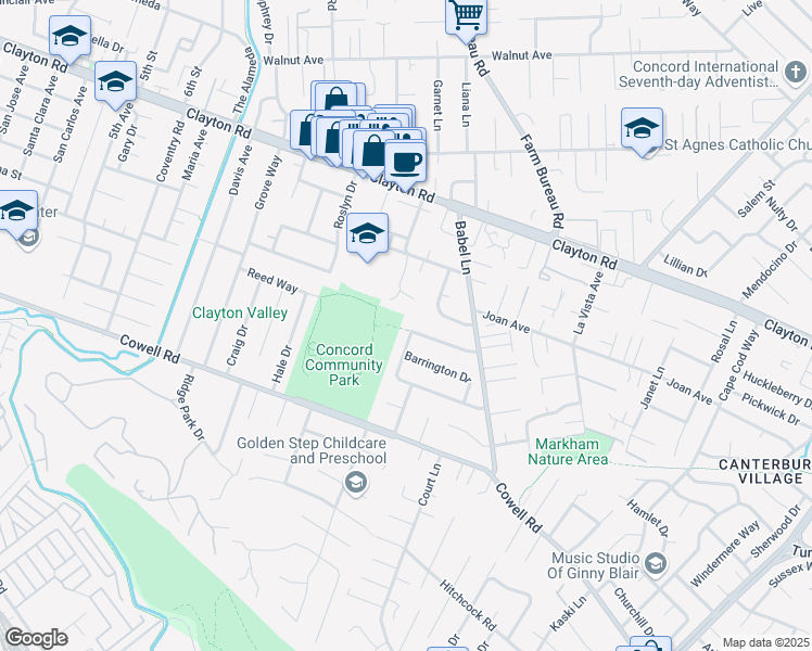 map of restaurants, bars, coffee shops, grocery stores, and more near 1279 Lancashire Drive in Concord
