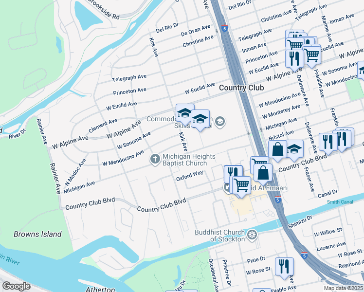 map of restaurants, bars, coffee shops, grocery stores, and more near 3006 West Monterey Avenue in Stockton