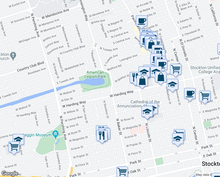 map of restaurants, bars, coffee shops, grocery stores, and more near 1601 North Baker Street in Stockton