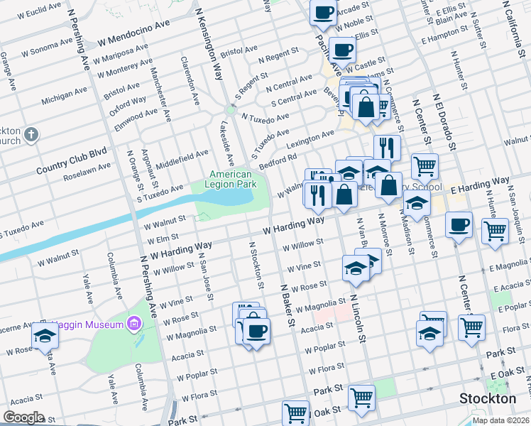 map of restaurants, bars, coffee shops, grocery stores, and more near 1601 North Baker Street in Stockton