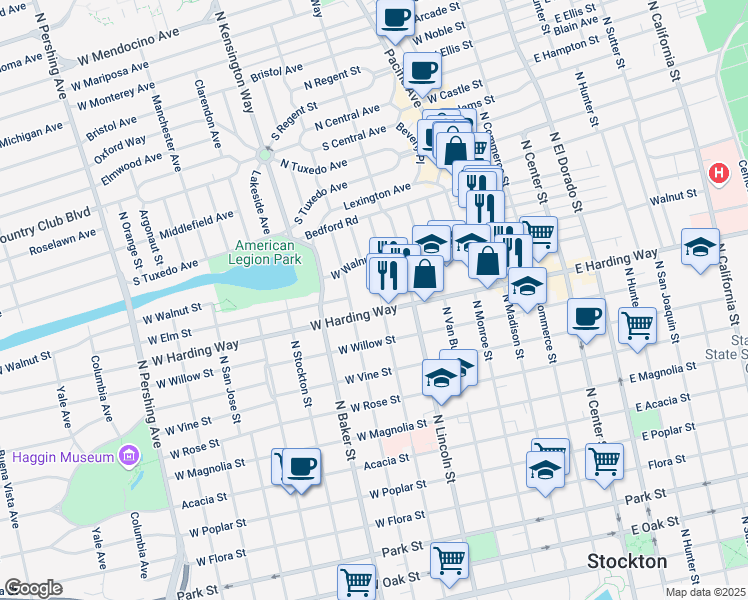 map of restaurants, bars, coffee shops, grocery stores, and more near 601 West Harding Way in Stockton