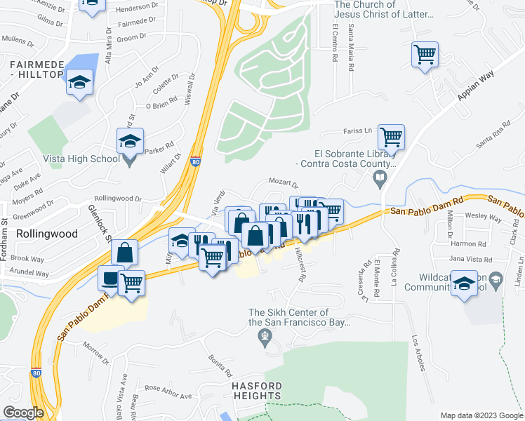 map of restaurants, bars, coffee shops, grocery stores, and more near 3746 Vía Verdi in Richmond