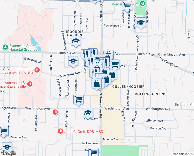 map of restaurants, bars, coffee shops, grocery stores, and more near 757 South Green River Road in Evansville
