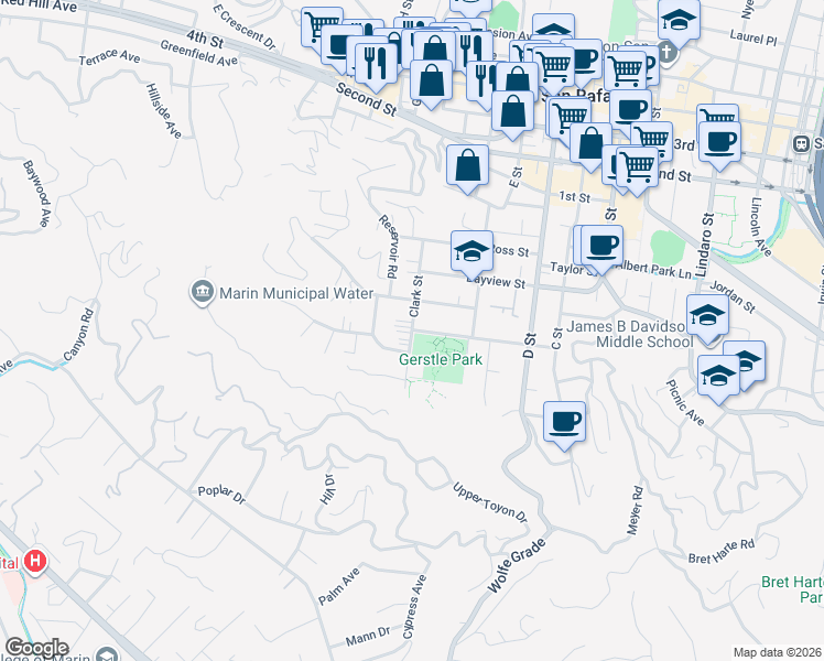 map of restaurants, bars, coffee shops, grocery stores, and more near Clark St & San Rafael Ave in San Rafael