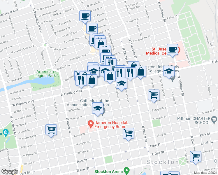 map of restaurants, bars, coffee shops, grocery stores, and more near 244 West Harding Way in Stockton