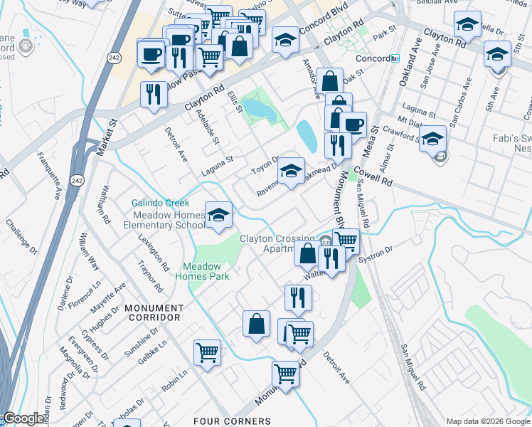 map of restaurants, bars, coffee shops, grocery stores, and more near 1742 Oakmead Drive in Concord