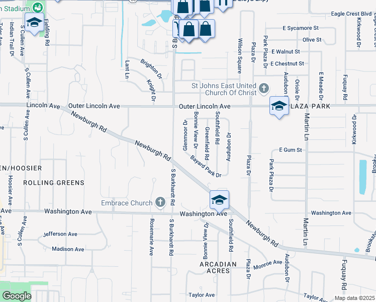 map of restaurants, bars, coffee shops, grocery stores, and more near 721 Bonnie View Dr in Evansville