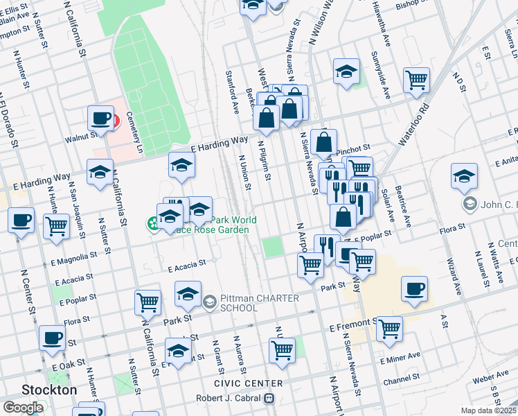 map of restaurants, bars, coffee shops, grocery stores, and more near 1080 North Union Street in Stockton