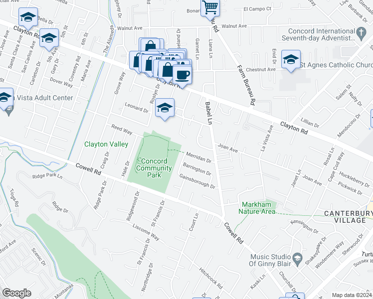 map of restaurants, bars, coffee shops, grocery stores, and more near 3695 Merridan Drive in Concord