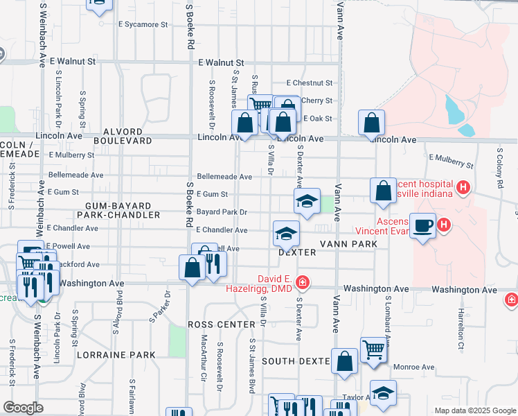 map of restaurants, bars, coffee shops, grocery stores, and more near 2708 Bayard Park Drive in Evansville