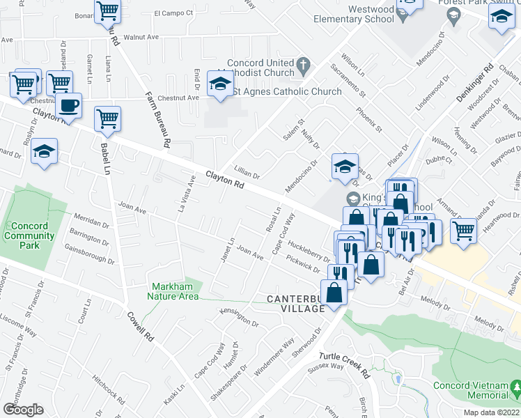 map of restaurants, bars, coffee shops, grocery stores, and more near 4041 Siino Avenue in Concord