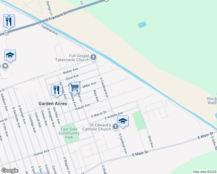 map of restaurants, bars, coffee shops, grocery stores, and more near 5411 Washington Street in Stockton