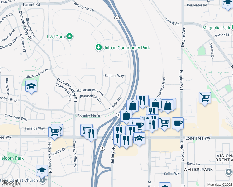 map of restaurants, bars, coffee shops, grocery stores, and more near 5643 Rosscommon Way in Antioch