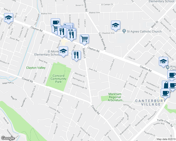 map of restaurants, bars, coffee shops, grocery stores, and more near 3654 Joan Avenue in Concord