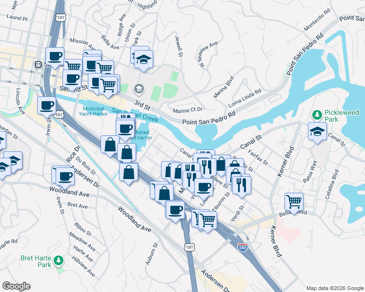map of restaurants, bars, coffee shops, grocery stores, and more near 460 Canal Street in San Rafael
