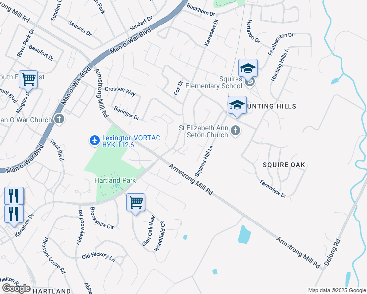 map of restaurants, bars, coffee shops, grocery stores, and more near 3523 Kenesaw Drive in Lexington