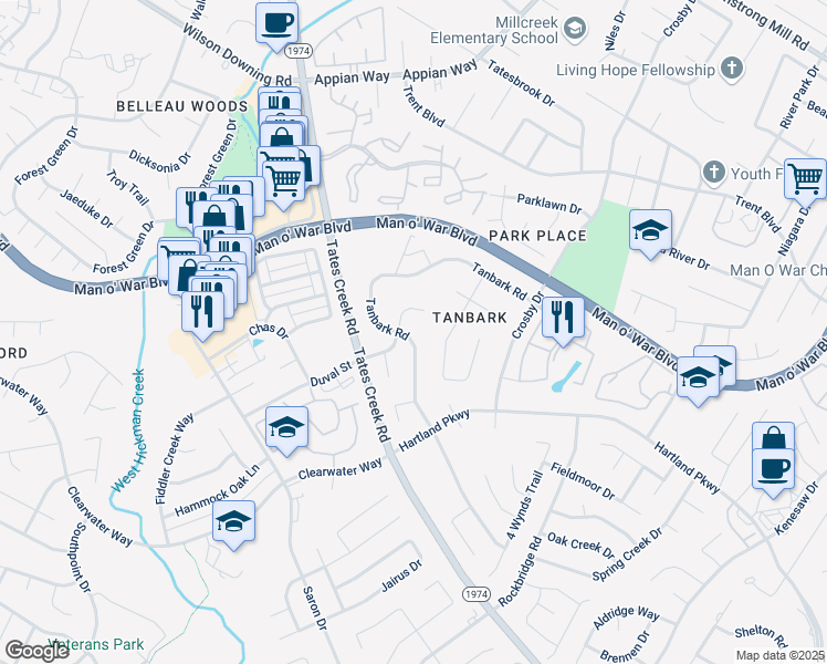 map of restaurants, bars, coffee shops, grocery stores, and more near 1092 Tanbark Road in Lexington