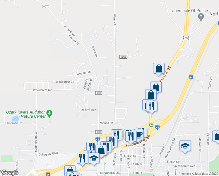 map of restaurants, bars, coffee shops, grocery stores, and more near 205 Roseglade Road in Rolla