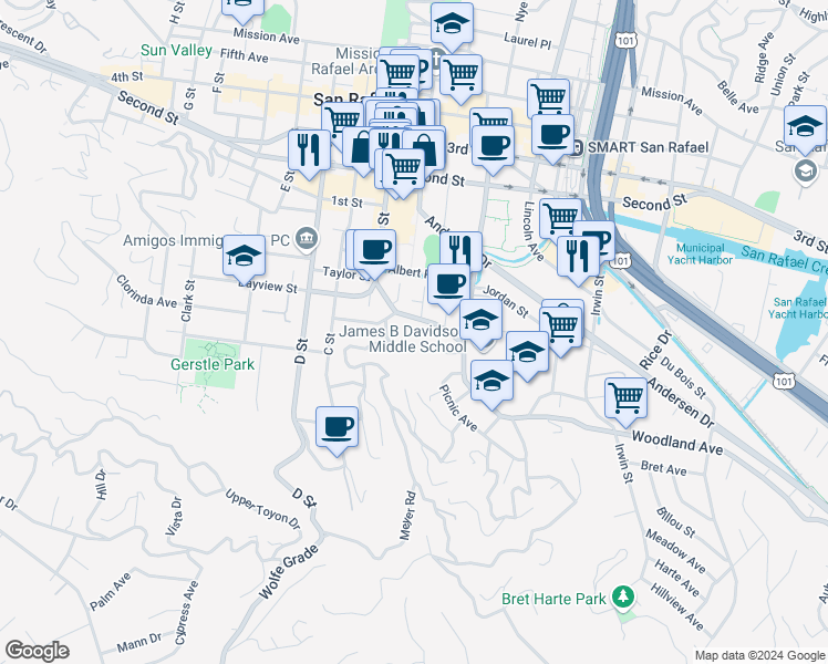 map of restaurants, bars, coffee shops, grocery stores, and more near 333 Woodland Avenue in San Rafael