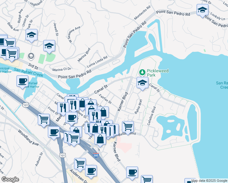 map of restaurants, bars, coffee shops, grocery stores, and more near 50 Sonoma Street in San Rafael