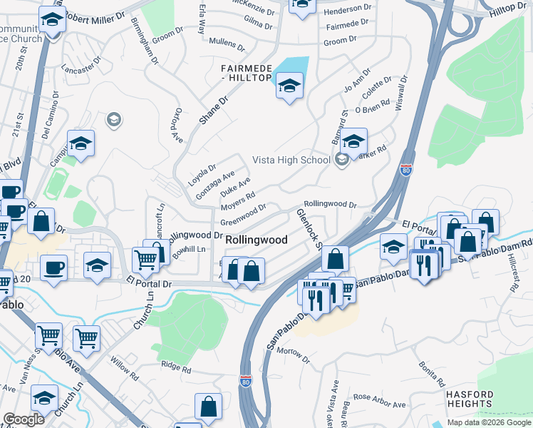 map of restaurants, bars, coffee shops, grocery stores, and more near 2961 Rollingwood Drive in San Pablo